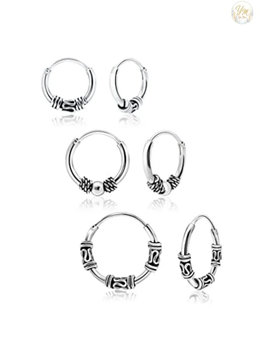 925 Sterling Silver Bali Bead Endless Hoop Earrings Set of 3 Pairs